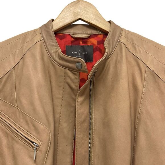 Cole Haan Lamb Leather Moto Jacket Zip Front Collarless Tan Nude Brown Women’s M - Picture 3 of 12